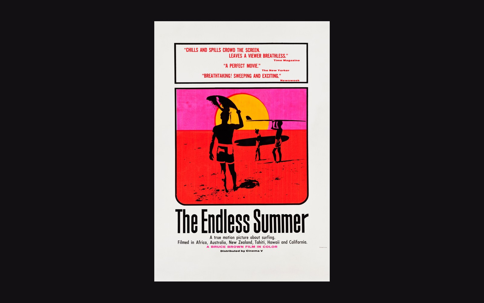 Movie poster for The Endless Summer, showing silhouetted surfers on a pink and red beach at sunset